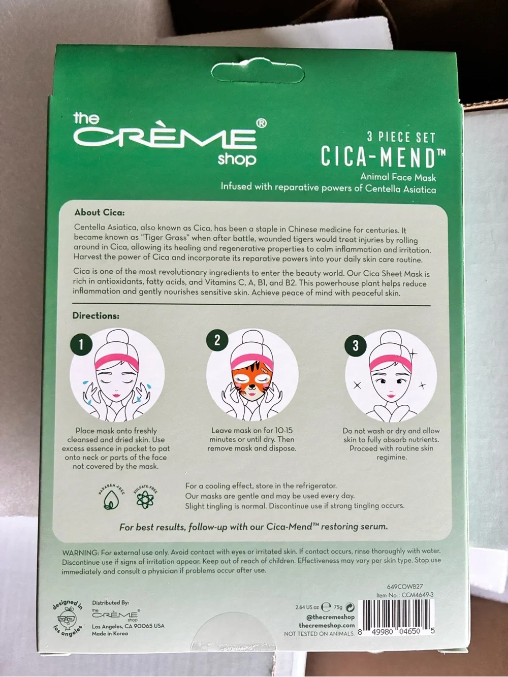 The Crème Shop CICA-MEND Tiger Animal Face Mask Set of 3 — NEW